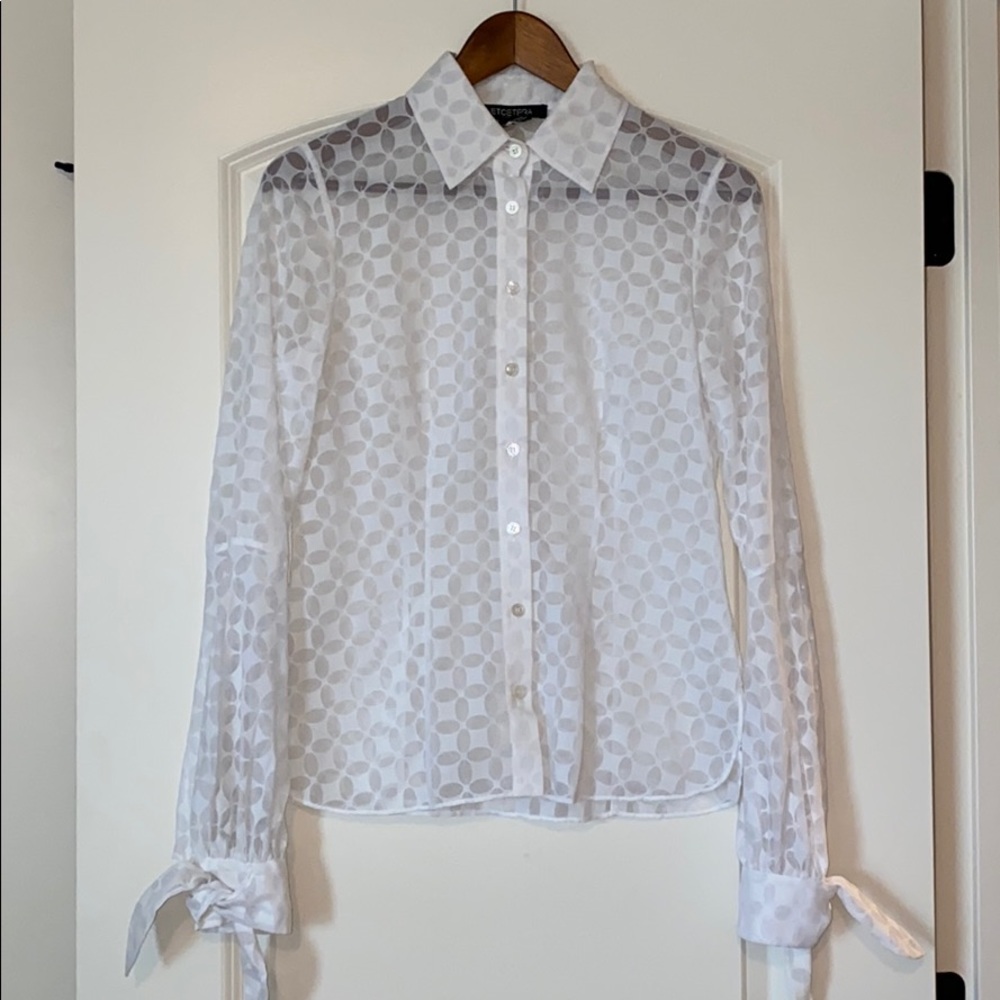 ETCETERA white sheer button down blouse with ties